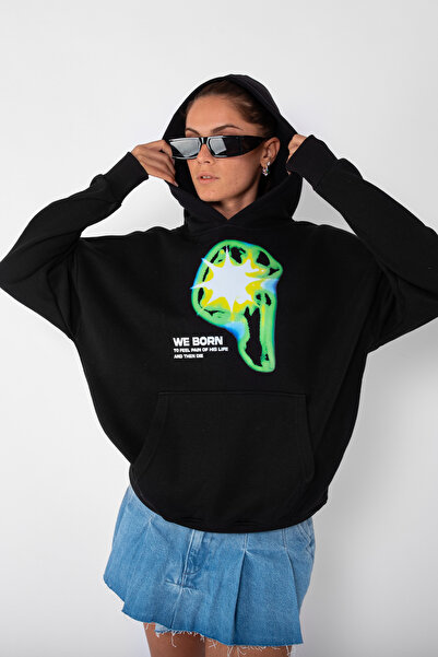 Bak Moda WE BORN Tiskana velika unisex crna majica sa kapuljačom