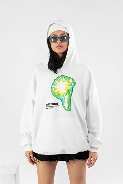 Bak Moda WE BORN Tiskana velika unisex bela majica sa kapuljačom