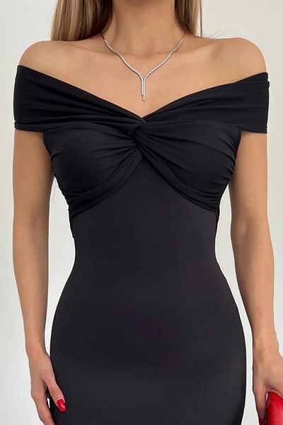 bayansepeti Stretchy Fabric Black Midi Evening Dress - Short Sleeve 5038