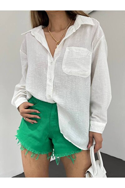 BİKELİFE Γυναικείο λινό πουκάμισο με μονή τσέπη Oversize