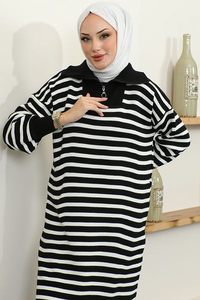 benguen 11027 Collar Zippered Striped Knitwear Dress Black