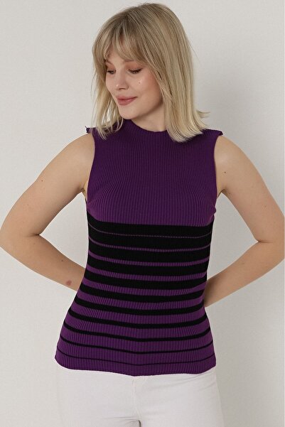VEGENZE Women's Purple Black Striped Zero Sleeve Knitwear Body Sweater