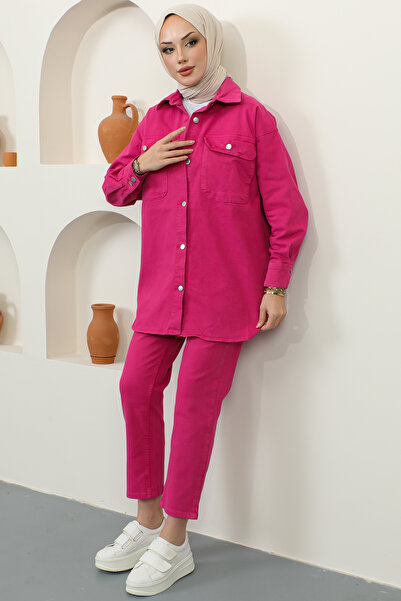 benguen 8175 Jacket Trousers Hijab Double Jeans Set Fuchsia