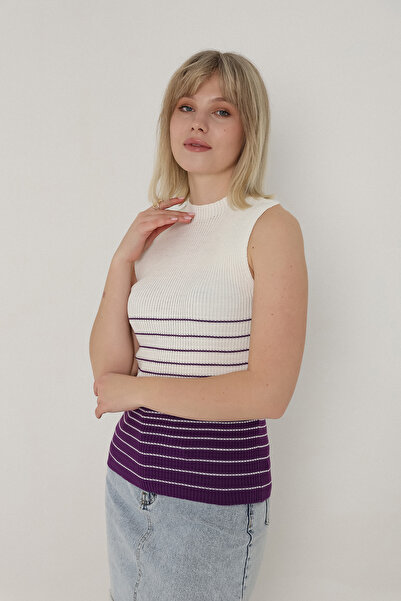 VEGENZE Women's Ecru Purple Striped Zero Sleeve Knitwear Body Sweater