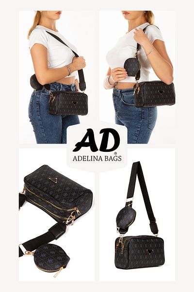 Adelina Bags Γυναικεία τσάντα ώμου με σχέδια μαύρη με λεπτομέρεια πορτοφολιού
