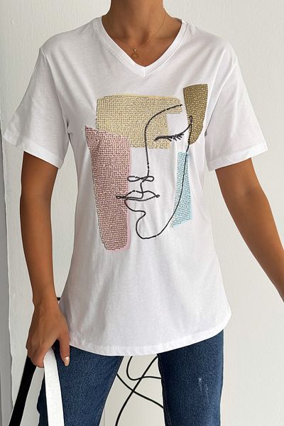 FEMELLE Women's White V-Neck Large Size Face Pattern Sequin Embroidered 100% Cotton Large Size T-Shirt
