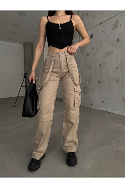 BİKELİFE Women's Beige High Waist Multi-Pocket Strap Detail Straight Fit Carg...