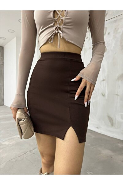BİKELİFE Women's Coffee High Waist Slit Detailed Mini Skirt