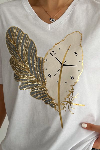 FEMELLE Women's White V-Neck Large Size Feather and Hour Sequin Embroidered 100% Cotton Large Size T-Shirt