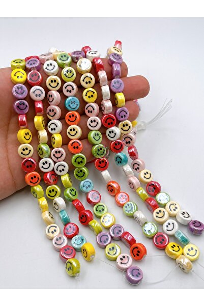 Ebruli Boncuk 10 mm Renkli Gülen Yüz Miks 5’li Seramik Takı Yapımı Aksesuar Boncuk Bead (5 Adet)