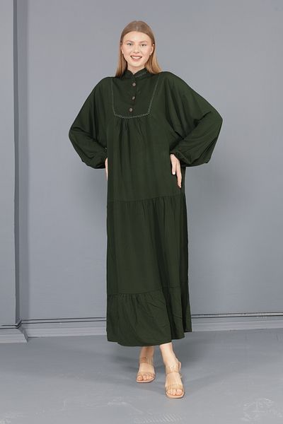 mervemoda Γυναικείο υφαντό φόρεμα χακί μεγάλου μεγέθους με κυρίαρχο γιακά