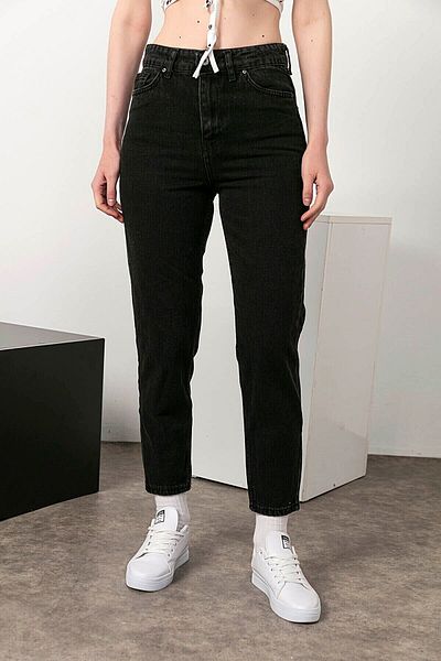 Trn JNS Lycra Colorfast Extra Confortabil Blugi negri cu talie înaltă Mom Jean Black Mom
