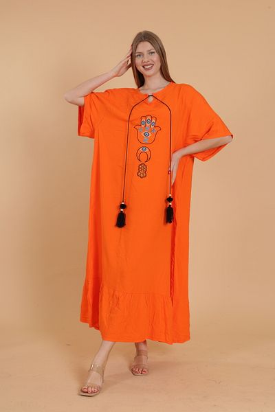 mervemoda Orange Embroidered Large Size Short Sleeve Women's Dress
