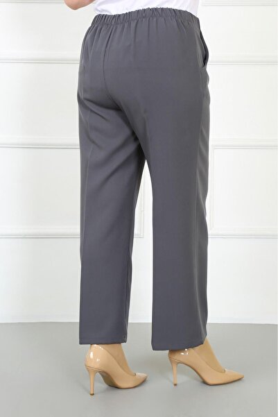 By Alba Collection Women's Gray Dumbbell Fabric Oval Pocket Large Size Trousers with Elastic Back