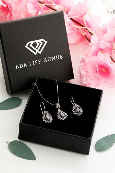 ADA LİFE GÜMÜŞ 925 Ayar Gümüş Taşlı Damla Model Oksitli Telkari Kadın Set (ÖZ...
