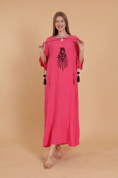 mervemoda Women's Fuchsia Embroidered Detail Large Size Short Sleeve Woven Dress