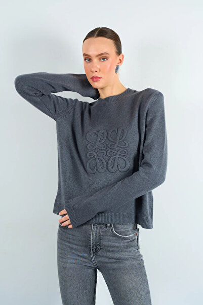 Laluvia Smoked Crew Neck Embossed Patterned Sweater