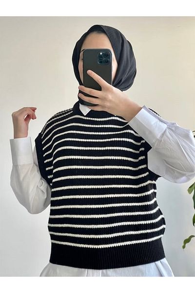 My Blog Women's Black-Ecru Striped Short Sweater