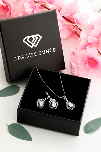 ADA LİFE GÜMÜŞ 925 Ayar Gümüş Taşlı Damla Model Oksitli Telkari Kadın Set (ÖZ...