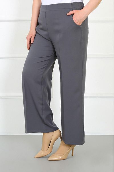 By Alba Collection Women's Gray Dumbbell Fabric Oval Pocket Large Size Trousers with Elastic Back