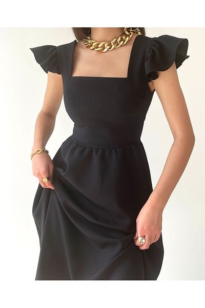 bayansepeti Black Atlas Fabric Design na ramenou Detailní čtvercový límec Midi večerní šaty 125