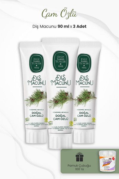 Eyüp Sabri Tuncer Pine Essence Toothpaste 90 ml x 3 Pieces and Ear Sticks