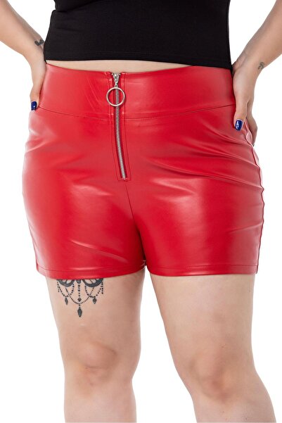 DISENTIS MODEST Plus Size Zipper Closure Red Leather Shorts