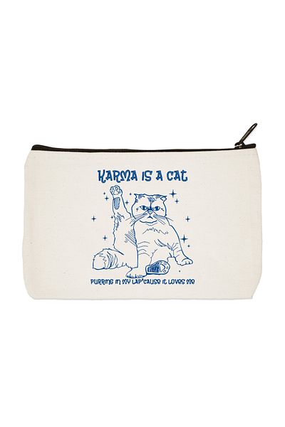 designedfy Karma Is A Cat Printed υφασμάτινη τσάντα μακιγιάζ Τσάντα χειρός με μολύβι