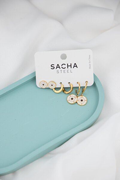Sacha Accessories Daire Plaka Üzeri Roma Rakamlı Gold Çelik Set Küpe