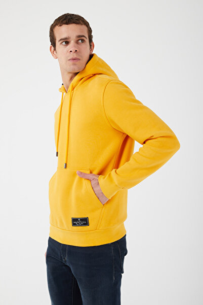UNIQROY Içi Polarlı Regular Fit Standard Kesim Kanguru Cepli Basic Kapüşonlu Sweatshirt Hardal