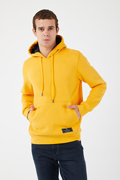 UNIQROY Içi Polarlı Regular Fit Standard Kesim Kanguru Cepli Basic Kapüşonlu Sweatshirt Hardal