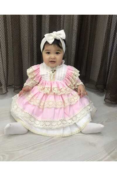 shopland Vintage Long Sleeve Special Design Pink Birthday Dress with Lace Detail