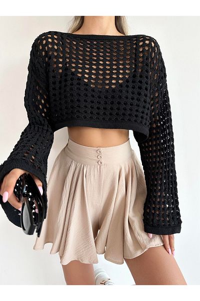 munora butik Long Sleeve Black Knitwear Crop Blouse