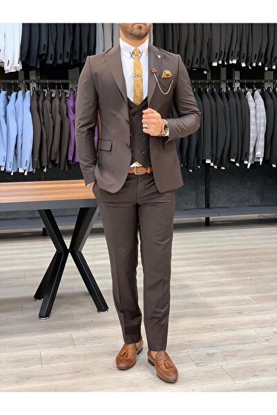 LONATOLİA بدلة رجالية بياقة متوافقة على الطراز الإيطالي وسترة وصدرية