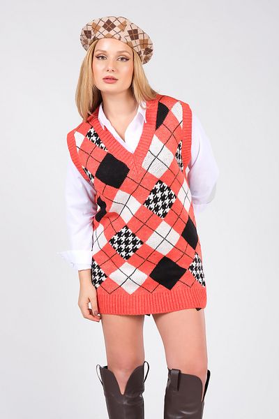 Giyim Dünyası Women's Baklava Pattern Oversize Knitwear Sweater Orange