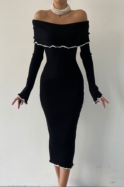 bayansepeti Knitwear Fabric Long Sleeve Carmen Collar Midi Length Black Evening Dress 175