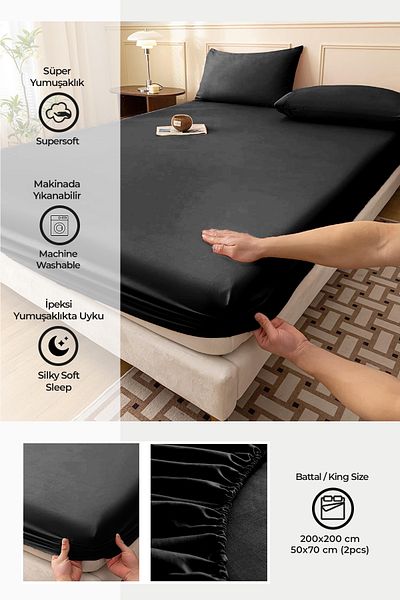 Evlen Home Collection Ranforce Fabric 100% Cotton Single / Double Elastic Sheet Set 3 Pieces Black| Hotel Bed Sheet