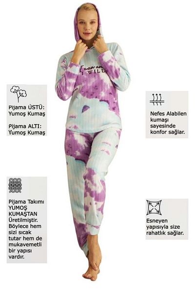 bie's Blue Purple Tie-Dye Pattern Hooded Ribbed Fleece Ankle Cuffed Winter Slim Fit Narrow Fit Pajamas Set