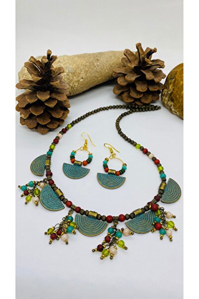 Porsuk Alternatif El yapımı tasarım otantik kadın kolye küpe set