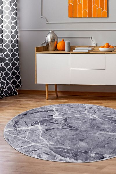Dijidekor Granite Gray Fringeless Digital Printed Round Washable Decorative Carpet 120X120