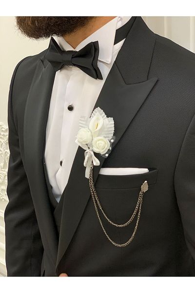 LONATOLİA Oversize Men's Tuxedo Groom Suit Italian Cut Slim Fit Jacket Vest Pants Bow Tie-Black