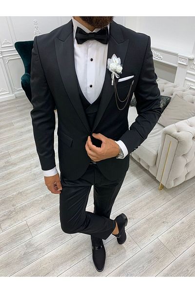 LONATOLİA Oversize Men's Tuxedo Groom Suit Italian Cut Slim Fit Jacket Vest Pants Bow Tie-Black