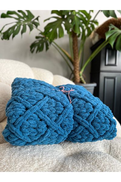 Missworble Puffy Hand Knitted Fireplace and TV Blanket Diamond Patterned Petrol Blue 90 X 165 Cm