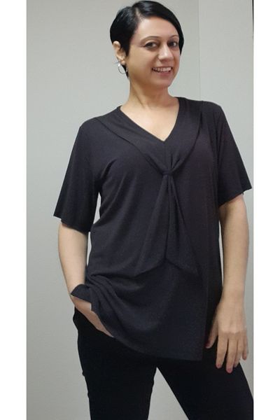 Mertcan Butik Black scarf collar look short-sleeved combed cotton Viscose T-shirt