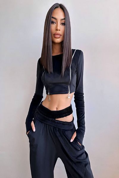 Fashiontayt Set din două piese cu fermoar și talie din material de catifea și picior elastic
