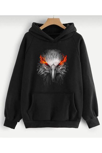 ARC Shoping Суитшърт с щампа на орел - голям размер, унисекс, с качулка и повдигнати елементи