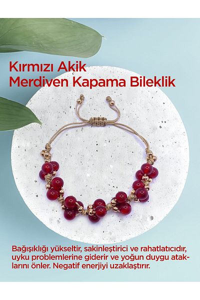 OSMANLI DEĞERLİ TAŞ Red Agate Natural Stone Stair Closing Bracelet Special Design