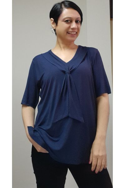 Mertcan Butik Dark blue kerchief collar look short-sleeved combed cotton Viscose T-shirt