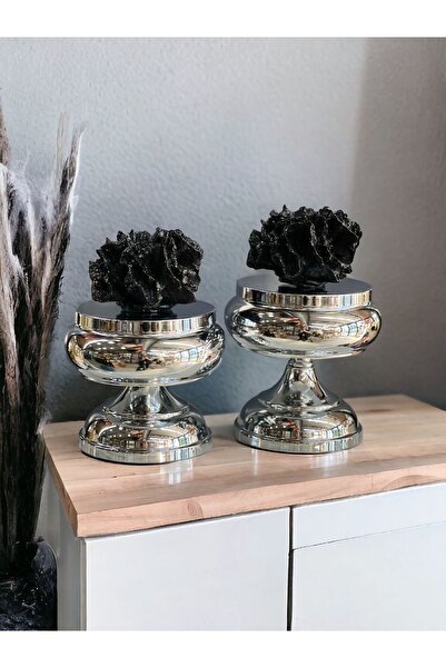 ArzzHome Dekoratif 2'li Mercan Ayaklı Kutu & Obje Gümüş / Siyah