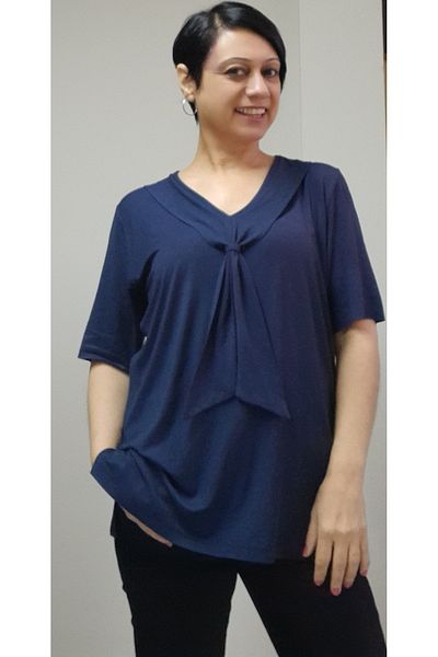 Mertcan Butik Dark blue kerchief collar look short-sleeved combed cotton Viscose T-shirt